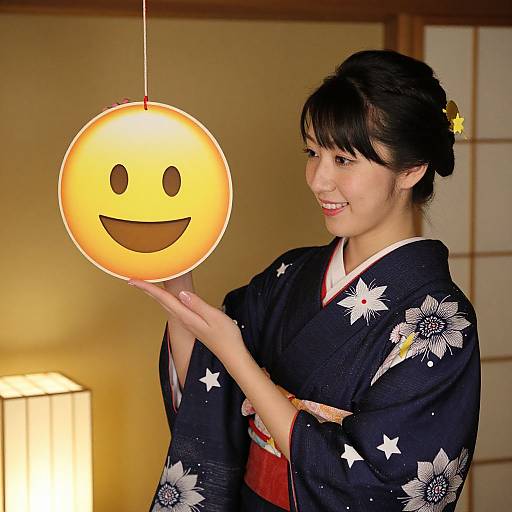 Japanese woman in black floral kimono holding glowing smiley face lantern, smiling, traditional room with shoji screen, warm light.