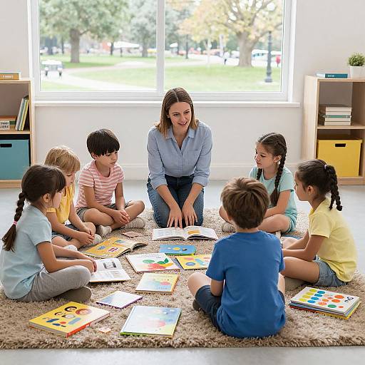 Teacher Guiding Children Reading Lesson
