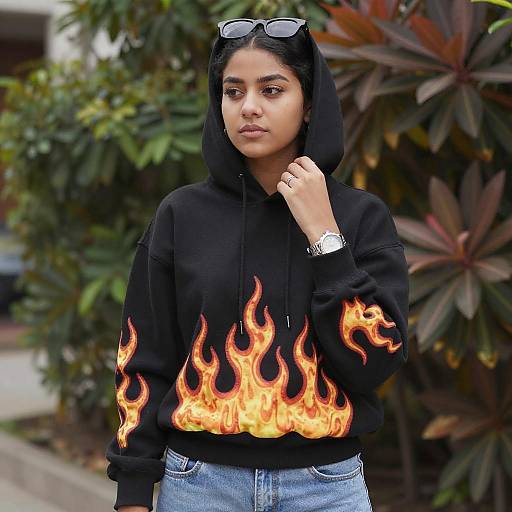 Young Woman in Flame Hoodie Outdoors