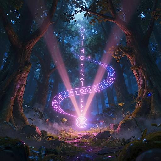 Digital fantasy forest scene with glowing neon text 
