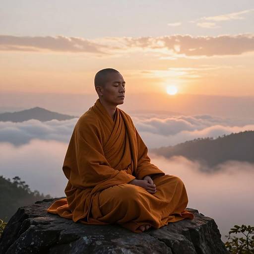 Photograph of a serene Buddhist monk in orange robes, sitting meditation on a rock at sunrise, with mist-covered mountains in the background.