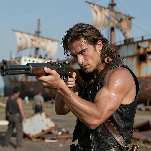 Heroic Warrior Amidst Ruined Ships