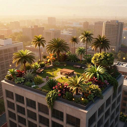 Lush Rooftop Garden at Golden Hour