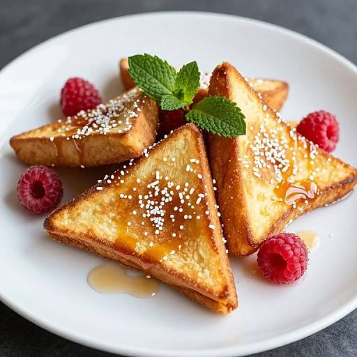 Photograph of golden-brown triangular pancakes with syrup, white sugar sprinkles, fresh mint, and three red raspberries on a white plate.