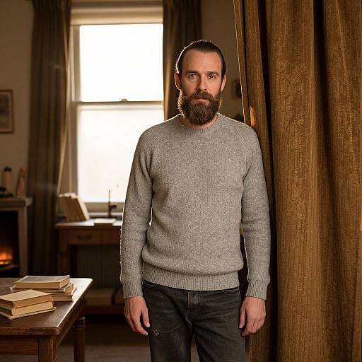 Thoughtful Bearded Man in Cozy Interior