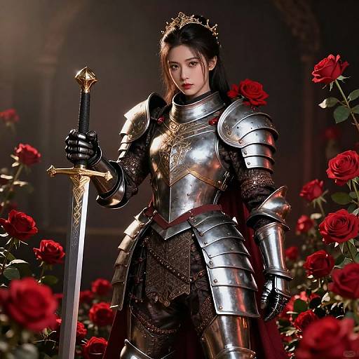 Digital artwork of a beautiful, dark-haired woman in shiny, ornate medieval armor holding a golden-hilted sword, surrounded by red roses.