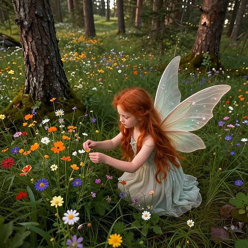 Photorealistic fairy illustration: Red-haired fairy with translucent wings kneeling in lush forest, picking colorful wildflowers amidst tall trees and greenery.