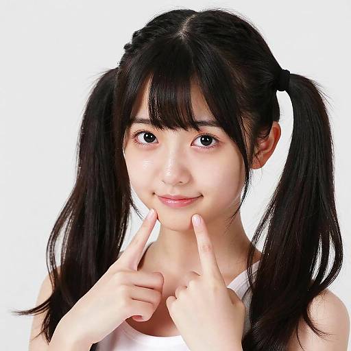 Photograph of a young Asian woman with black pigtails, fair skin, and large brown eyes, smiling while making a 