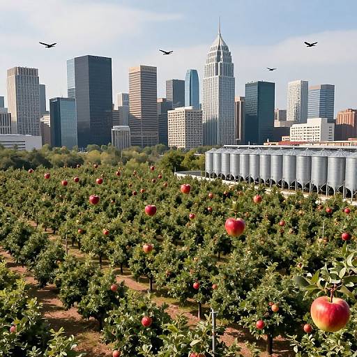 Photograph of apple orchard with red apples, green trees, and industrial city skyline in background, featuring tall buildings and white tanks, with birds flying