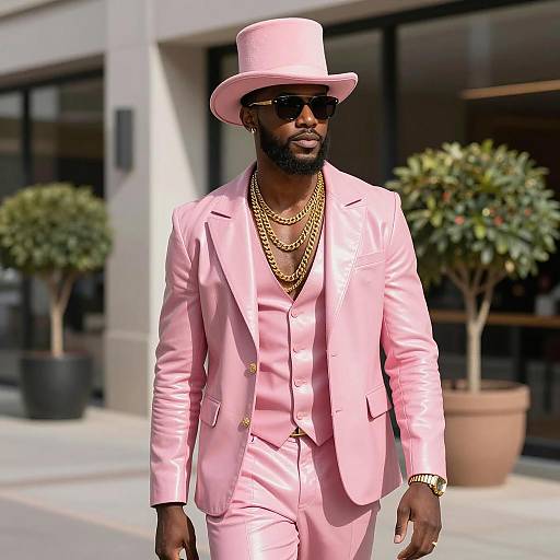 Stylish Man in Pink Leather Suit and Top Hat