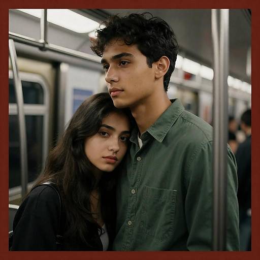Young Couple in Dim Subway Car
