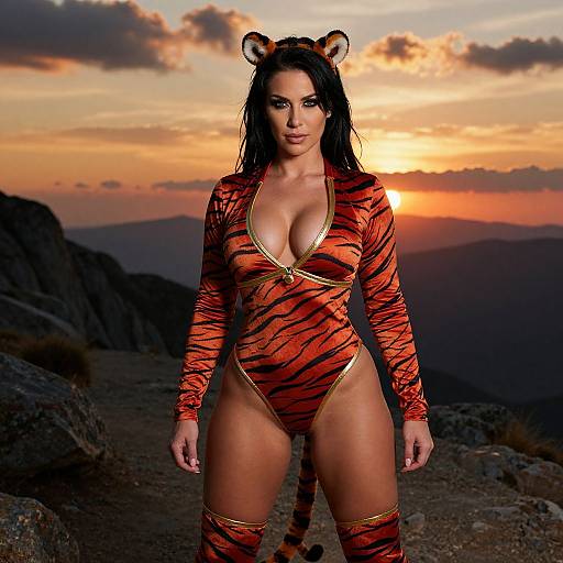 Photograph of a curvy woman with dark hair, wearing a tiger-print bodysuit, gold trim, and tiger ears, standing at sunset on