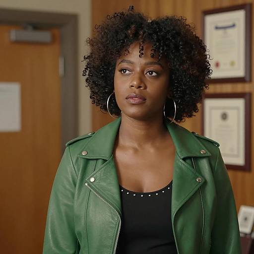 Confident African American Woman in Green Leather Jacket