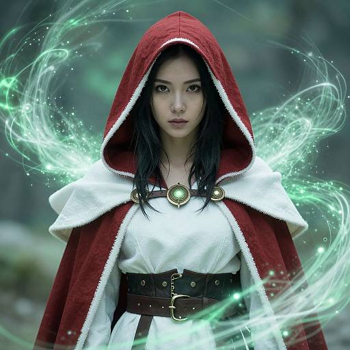 Digital artwork of a serious East Asian woman with long black hair, wearing a red hooded cloak with white trim, and white dress, surrounded by swirling