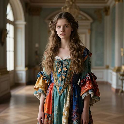 Photograph of a young woman with long, wavy brown hair in a colorful, medieval-style dress with intricate patterns, standing in an opulent,