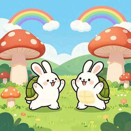 Cute digital drawing of two smiling white bunny turtles with green shells dancing in a vibrant, whimsical meadow with giant red mushrooms, rainbow, and