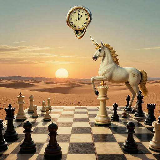 Photograph-style CGI: A white unicorn with golden mane and horn, standing on a chessboard in a desert at sunset, with a floating clock above