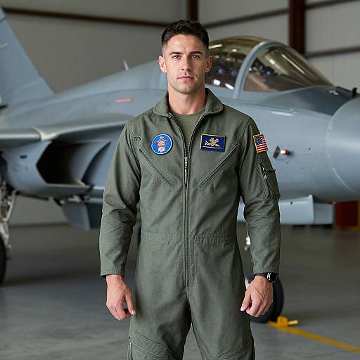 Photograph of a muscular, fair-skinned male pilot with short dark hair, wearing a green flight suit, standing in front of a gray fighter jet