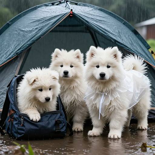 Samoyed Puppies Camping in Rainstorm