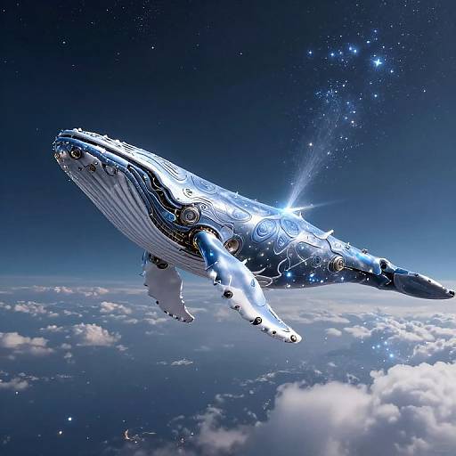 Digital artwork of a celestial, glowing blue whale with intricate patterns soaring above a cloud-covered Earth, set against a starry night sky.