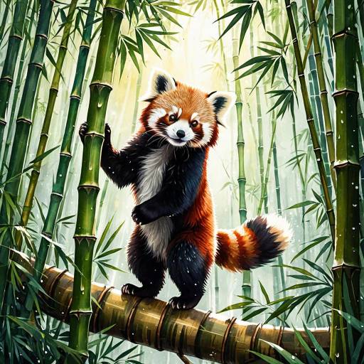 Adventurous Red Panda in Bamboo Forest