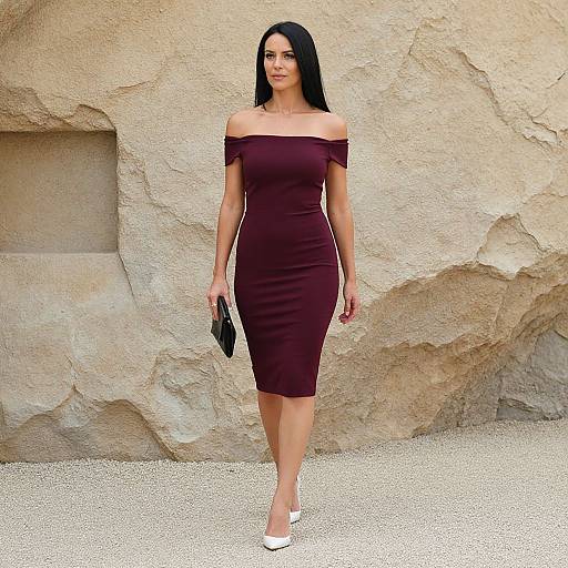 Photograph of a tall, slim woman with long black hair, wearing an off-shoulder maroon dress and white heels, holding a black clutch
