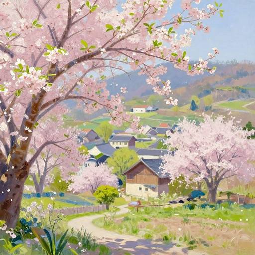 Digital painting of a picturesque village with cherry blossom trees in full bloom, surrounded by green hills and pastel-colored houses.