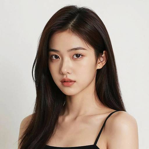 Photograph of a young Asian woman with long, straight black hair, fair skin, and delicate features, wearing a black spaghetti strap top, against a