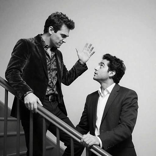 Dramatic Staircase Confrontation in Monochrome