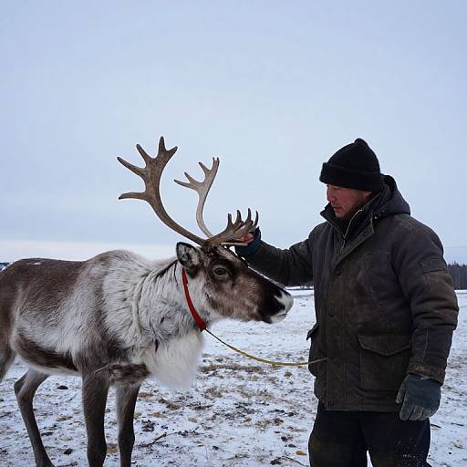 Photograph of a man in dark winter clothing gently touching a reindeer's antlers in a snowy, overcast landscape.