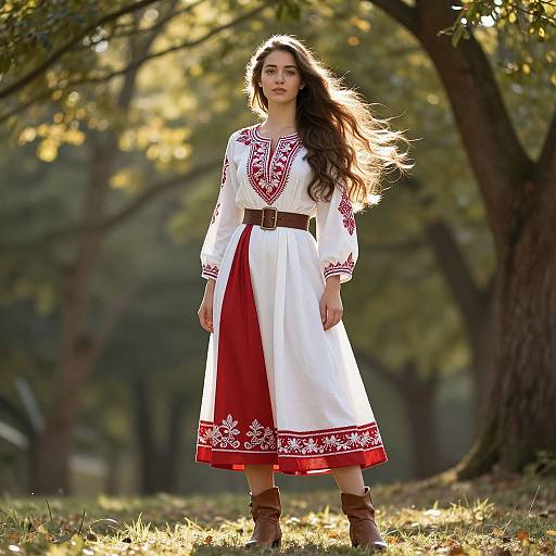 Photograph of a young woman with long brown hair wearing a white and red embroidered dress, brown belt, and boots, standing in a sunlit forest