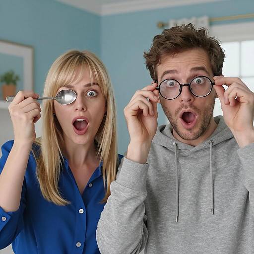 Surprised Duo in a Blue Room