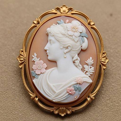 Detailed photograph of an ornate, oval, gold-framed cameo brooch featuring a white profile of a woman with flowers in pastel colors.