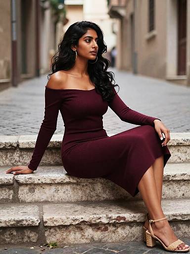 South Asian Woman in Burgundy Dress