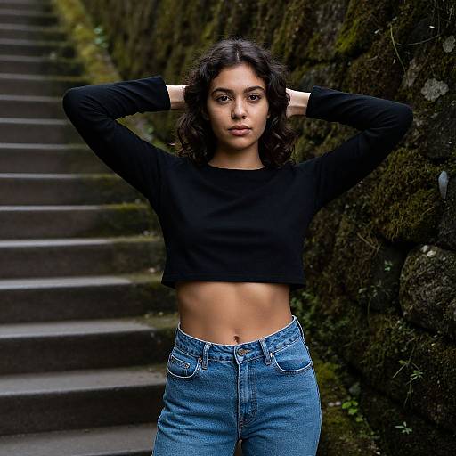 Photograph of a young woman with olive skin and dark wavy hair, wearing a black crop top and blue jeans, standing on mossy stone steps