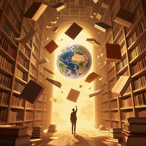 Digital artwork: Silhouetted figure raises arm under glowing Earth in library with floating books, surrounded by towering bookshelves and bright sunlight.