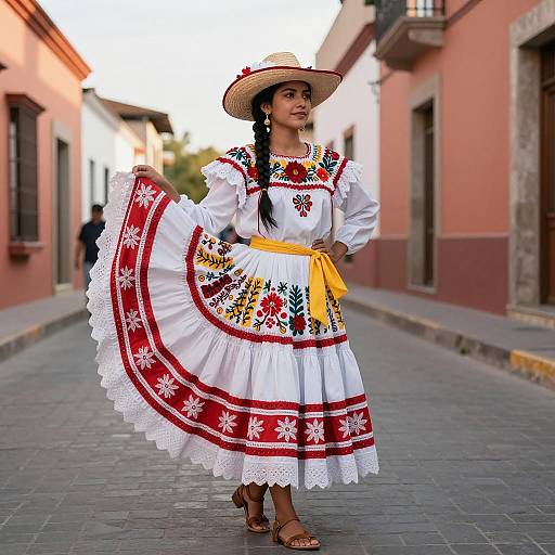 Young Woman in Traditional Mexican Folk Dress on Street