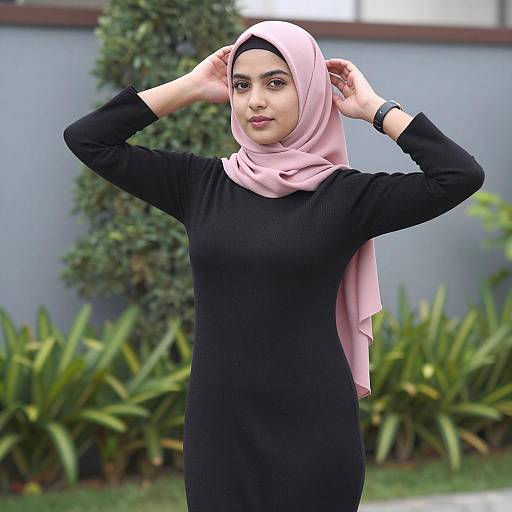 Young Woman in Pink Hijab Garden