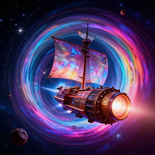 Digital art of a steampunk airship with glowing sails, surrounded by vibrant, colorful space vortex and stars, emitting bright light from its front.
