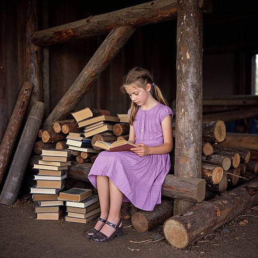 Young girl in lavender dress and black sandals, reading books, sits among stacked logs and wooden beams in rustic, dimly lit shed. Photographic image