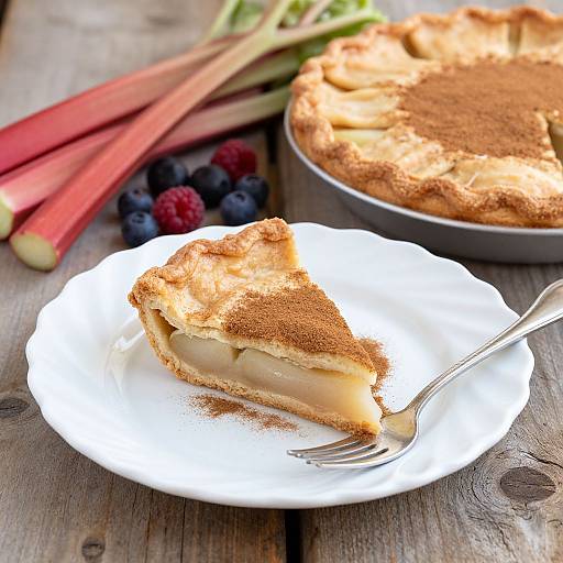 Photograph of a slice of apple pie with a crumbly, browned topping on a white plate, silver fork, with a whole pie,
