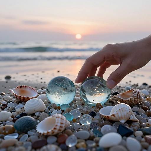 Photograph of a hand gently touching two clear glass orbs on a pebble beach, surrounded by seashells at sunset.