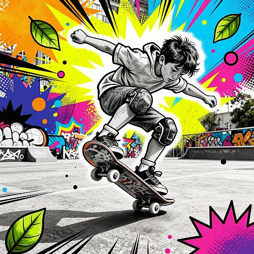 Dynamic black-and-white comic-style illustration of a teenage boy mid-trick on a skateboard, surrounded by vibrant yellow, blue, and pink splashes with
