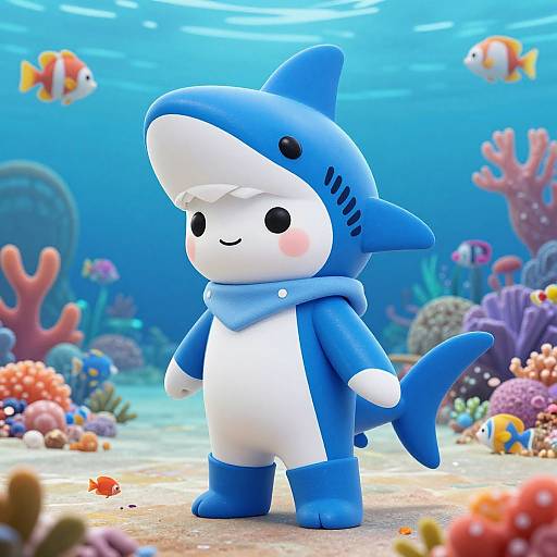 Cute CGI cartoon shark-costumed character with white face and blue body stands underwater, surrounded by colorful coral, fish, and ocean plants.