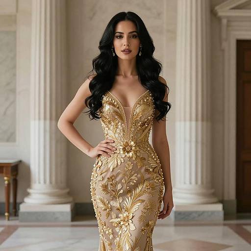 Elegant Woman in Gold Embroidered Gown