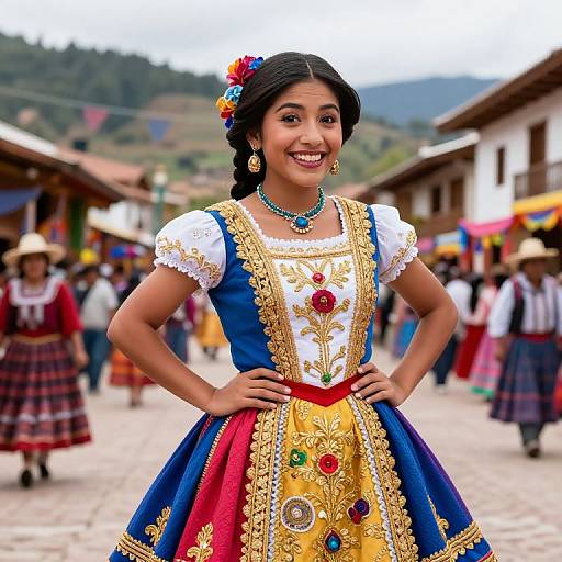 Photograph of a smiling young Latina woman in a vibrant traditional Andean dress with blue, gold, and red embroidery, standing confidently in a bustling,