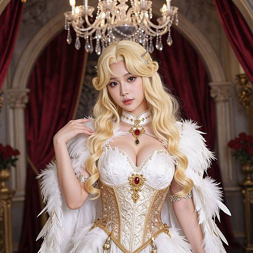 Digital art: Blonde woman with long curls, large breasts, in white feathered gown with gold embroidery, red gem necklace, elegant chandelier background.