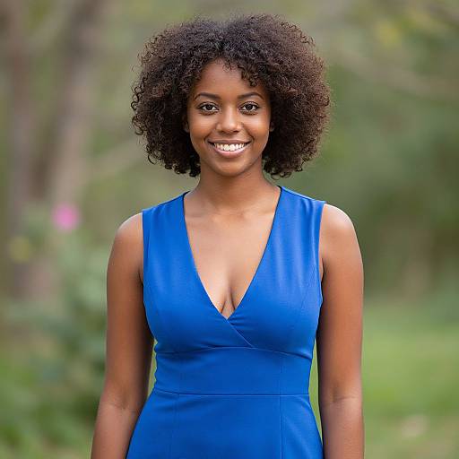Photograph of a smiling Black woman with curly hair, wearing a sleeveless, deep V-neck blue dress, standing in a blurred green forest background.