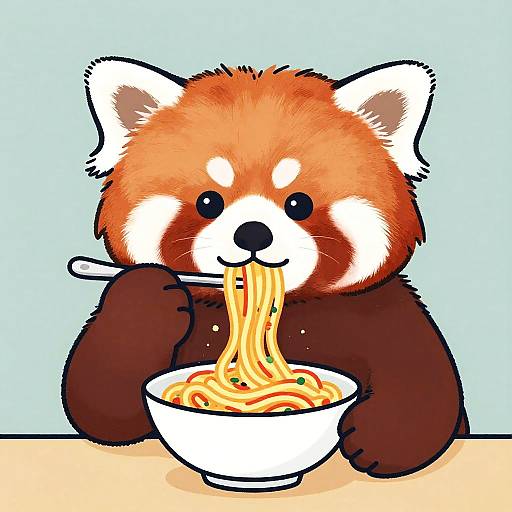 Vintage Cartoon Red Panda Eating Spaghetti