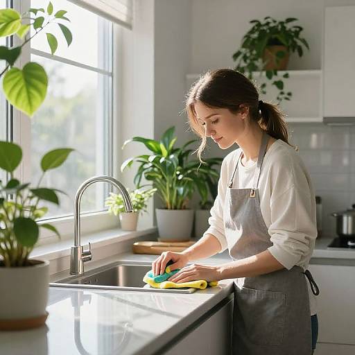 Photograph of a young woman with light skin and brown hair in a ponytail, wearing a white shirt and gray apron, washing dishes in a